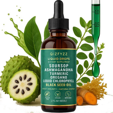 Qizfyzz Soursop Bitters Liquid Drops 10-in-1 with Nori, Moringa, Turmeric, Black Seed Oil, Oregano, Ashwagandha | Herbal Extracts for Overall Health | Vegan, Non-GMO | 2 fl oz