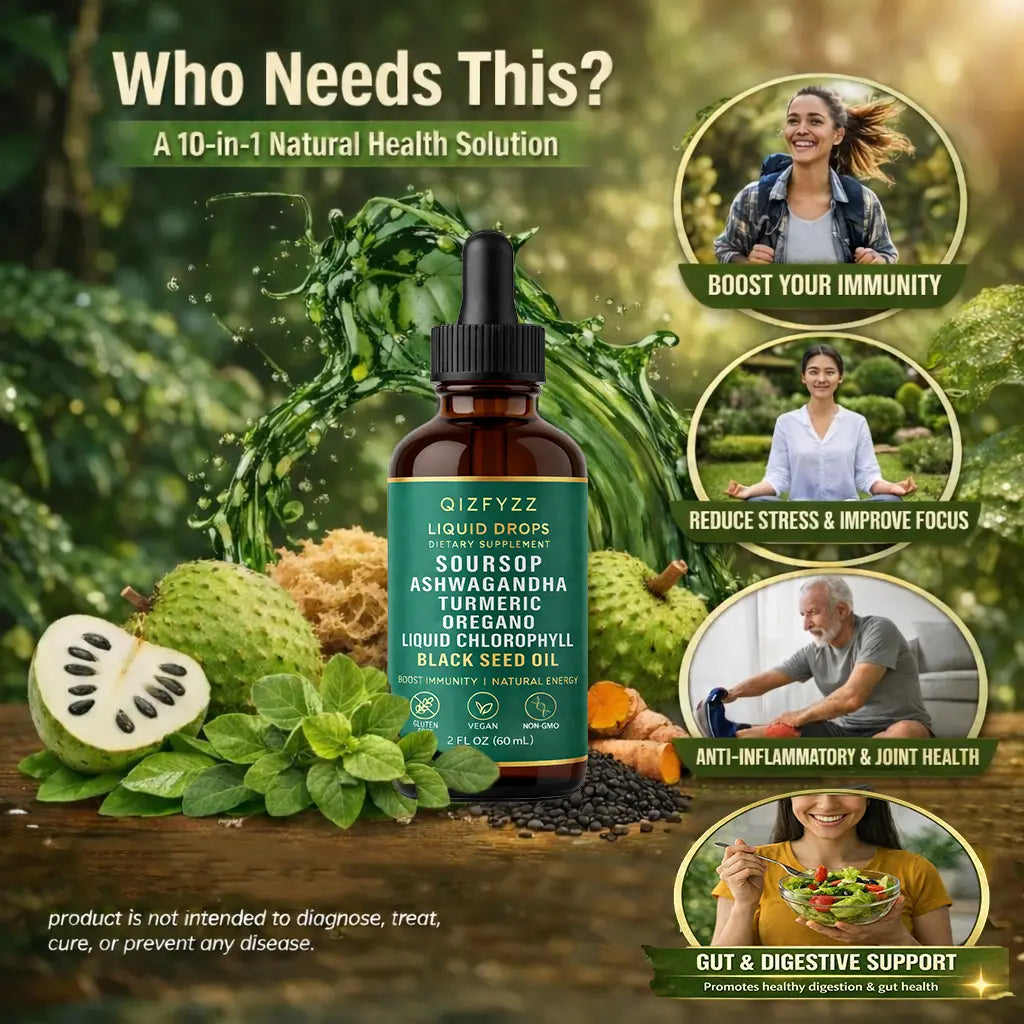 Qizfyzz Soursop Bitters Liquid Drops 10-in-1 with Nori, Moringa, Turmeric, Black Seed Oil, Oregano, Ashwagandha | Herbal Extracts for Overall Health | Vegan, Non-GMO | 2 fl oz