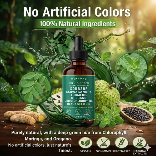 Qizfyzz Soursop Bitters Liquid Drops 10-in-1 with Nori, Moringa, Turmeric, Black Seed Oil, Oregano, Ashwagandha | Herbal Extracts for Overall Health | Vegan, Non-GMO | 2 fl oz