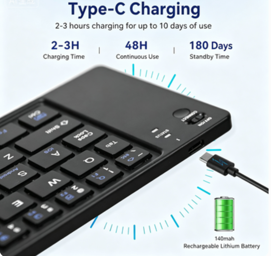 Foldable Bluetooth Keyboard | Ultra Slim Portable Wireless Keyboard for iOS Android Windows | Quiet Keys | Rechargeable Type-C