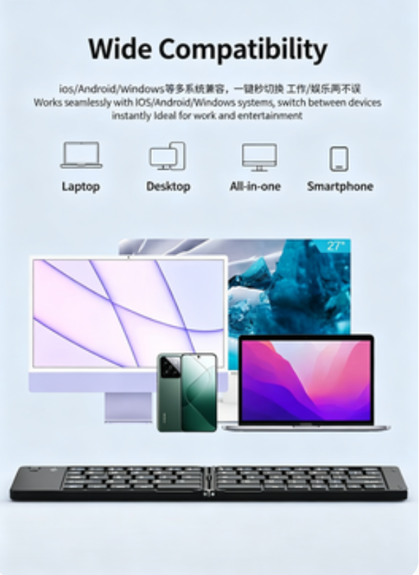 Foldable Bluetooth Keyboard | Ultra Slim Portable Wireless Keyboard for iOS Android Windows | Quiet Keys | Rechargeable Type-C